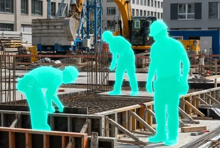 Workers on a site each outlined by a translucent segmentation mask following their silhouette
