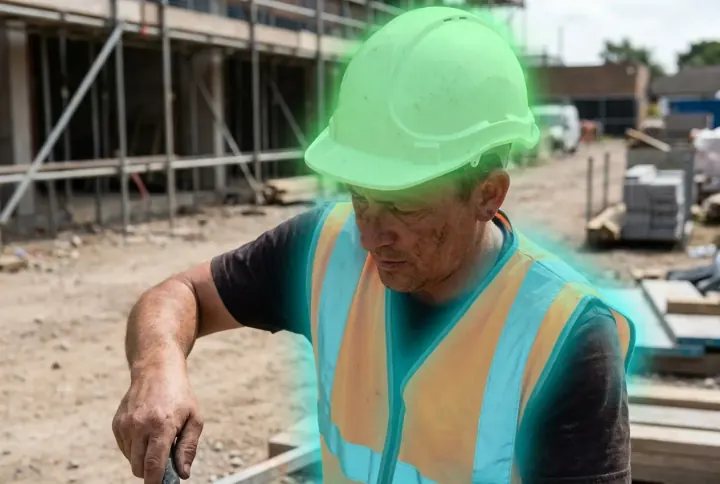 A worker with the helmet and vest highlighted by separate segmentation masks for PPE detection