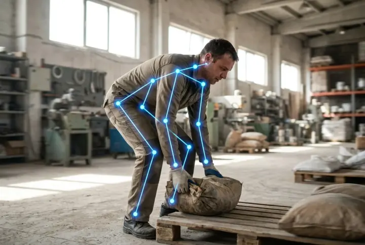 A worker with a glowing skeletal pose-estimation overlay analysing their posture