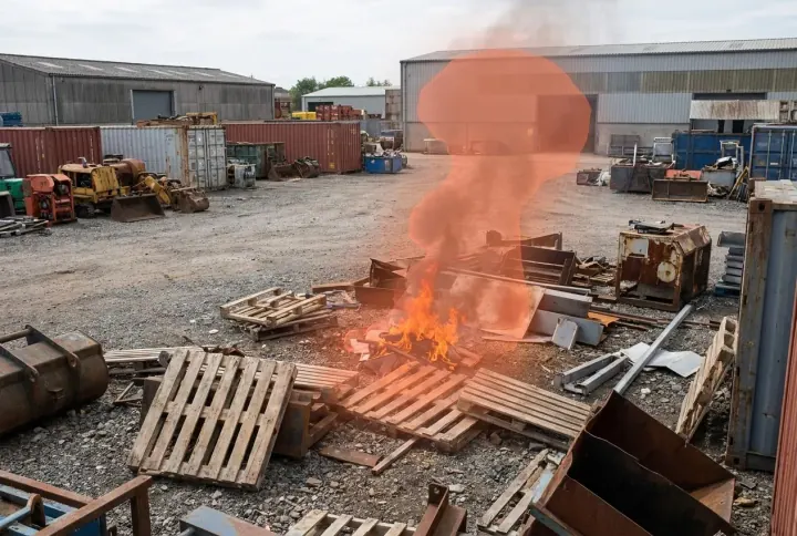 Flame and smoke highlighted by an AI segmentation mask, unsafe-condition detection