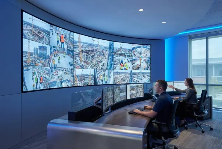 Operators in a modern safety control room verifying alerts on a video wall