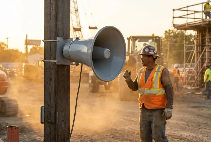 A public-address speaker on a pole at a site for live talk-down warnings