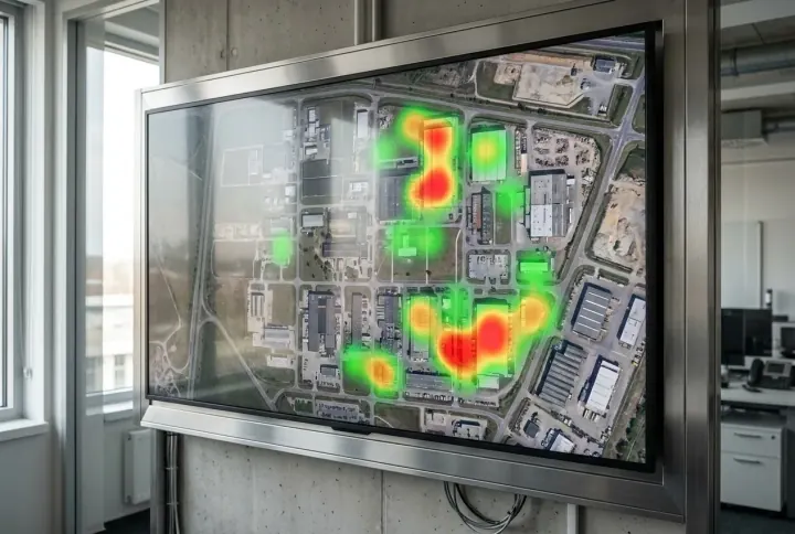 A screen showing a site map with colour-coded risk heat zones