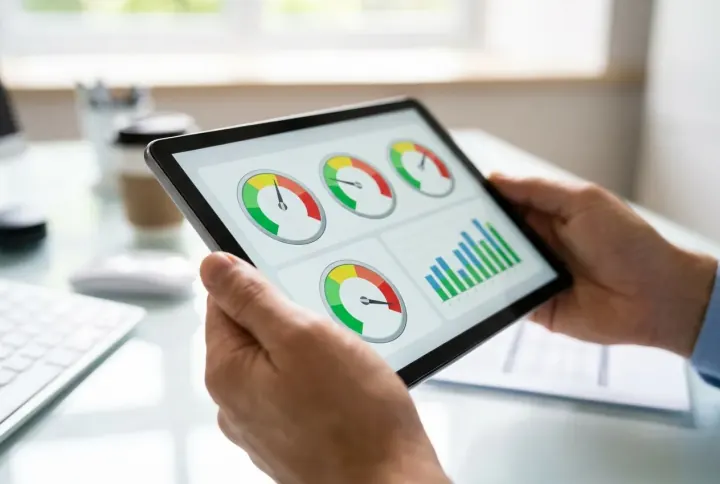 A tablet showing KPI gauges and charts for a safety compliance report