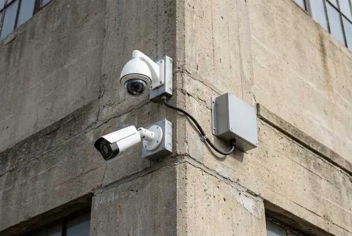 An existing CCTV camera on a building with a small edge-AI box beside it