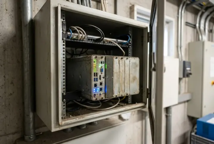 A compact edge GPU server appliance with status lights in an on-site cabinet
