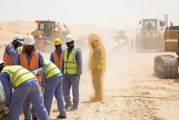 Outdoor workers under harsh midday sun with a heat-stress overlay, poor-practice and compliance monitoring