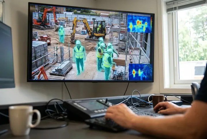 AI video analytics highlighting people and vehicles on a live security control-room feed