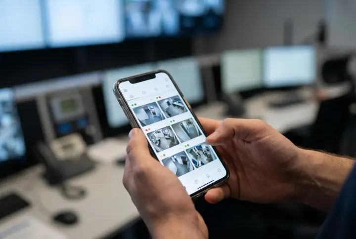 A unified security app on a phone showing every connected camera and device