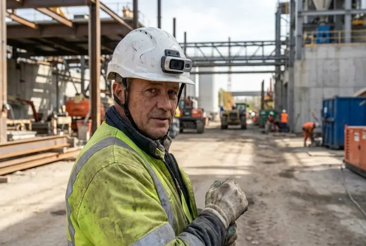 A worker wearing a smart helmet with an on-board camera