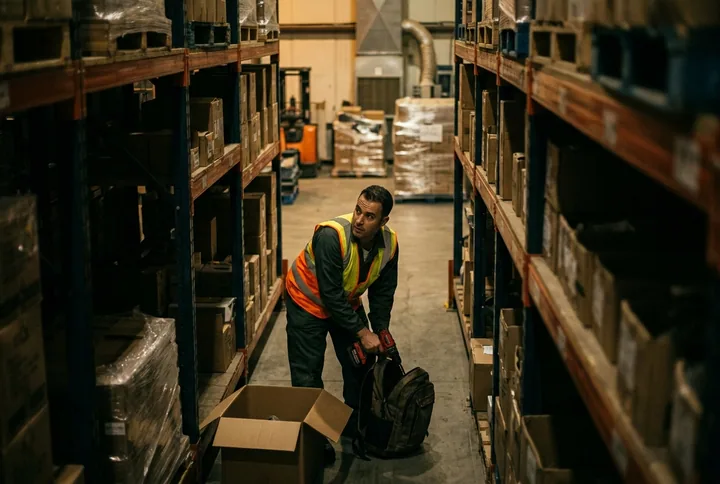 Theft in progress — a worker concealing a tool, seen on camera