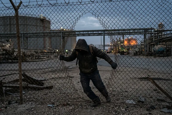 An intruder slipping through a gap in a perimeter fence at dusk
