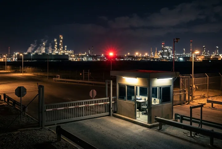 An empty guard booth at a site gate while an incident unfolds