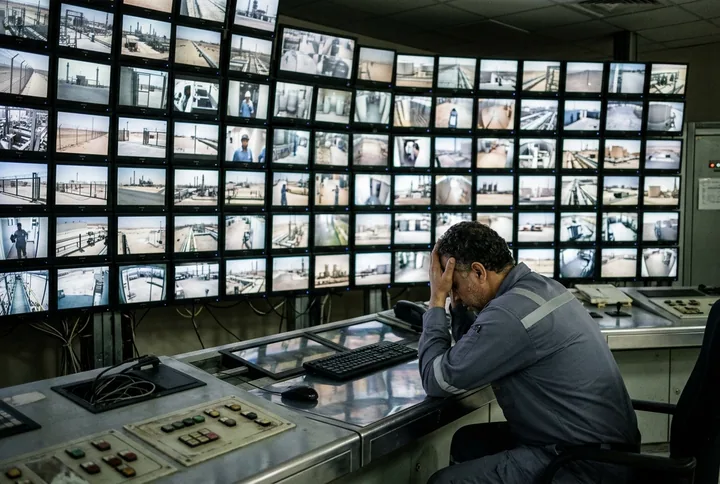 One operator overwhelmed by a wall of many CCTV feeds