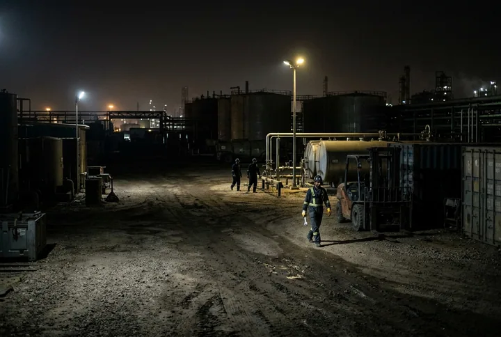 A large industrial yard at night with dark blind-spot areas