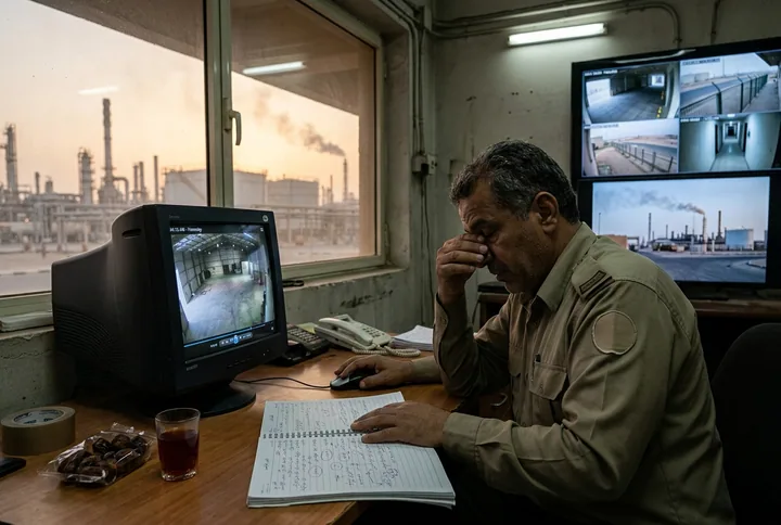 A guard reviewing old recorded footage and paper logs after the fact
