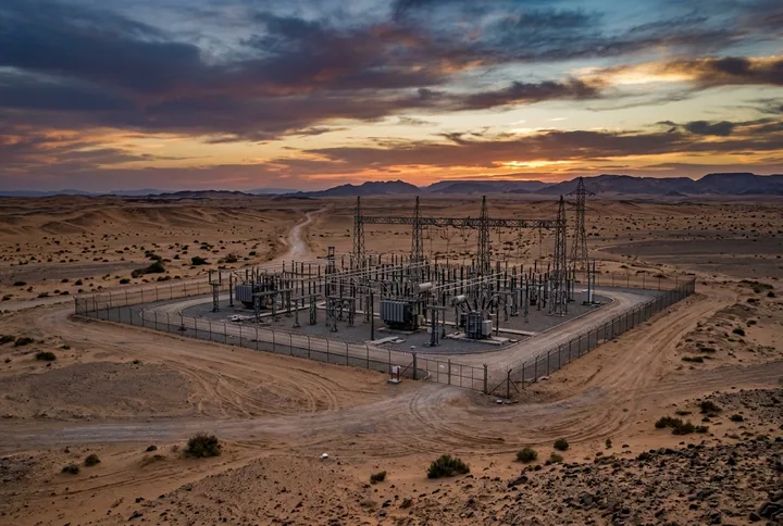 An isolated remote substation in the desert at dusk, unmanned