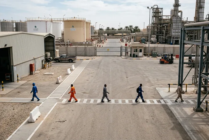 Elevated camera view of individual people across a secured yard