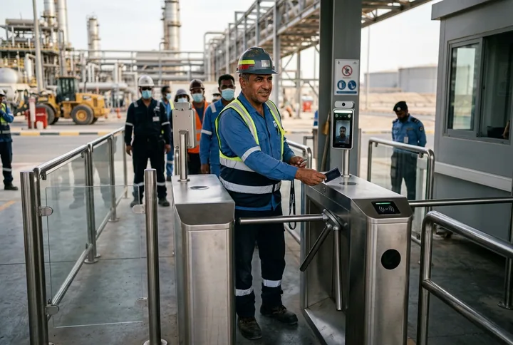 A worker presenting an ID badge at an access-control turnstile