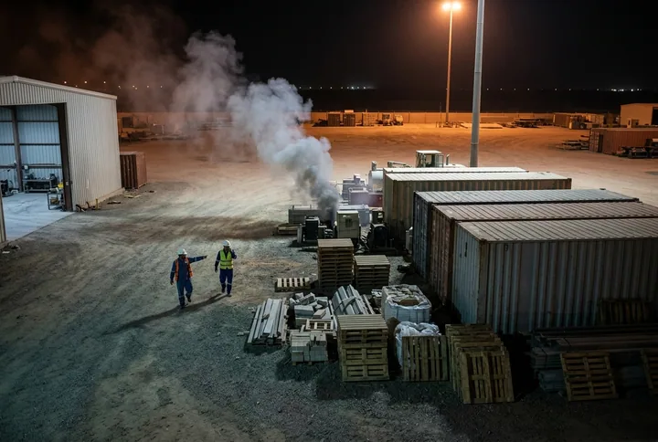 A security camera view of early smoke rising near stored materials