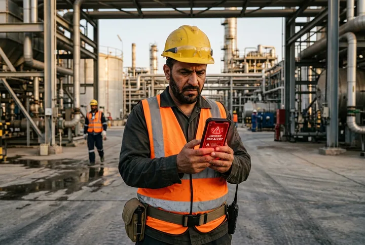 A site supervisor receiving an urgent security alert on his phone