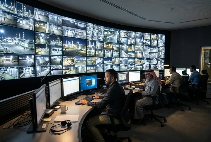 A security operations centre wall of live camera monitors