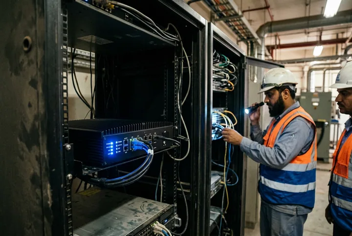 A compact edge-AI server appliance with status lights in a cabinet