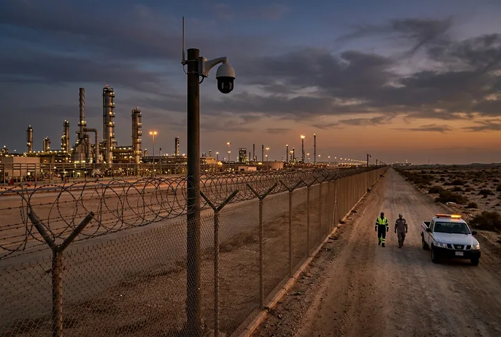 An outdoor perimeter fence watched by a CCTV camera at dusk